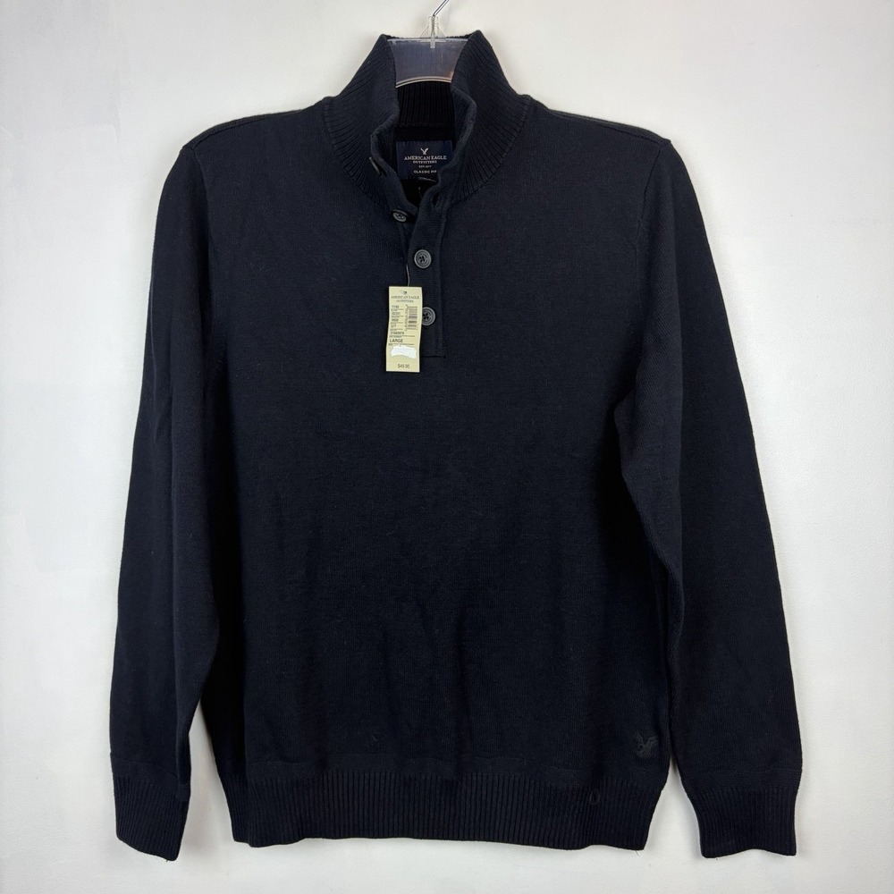 American Eagle Sweater Mens Large Button Mock Neck Black Cotton Preppy New